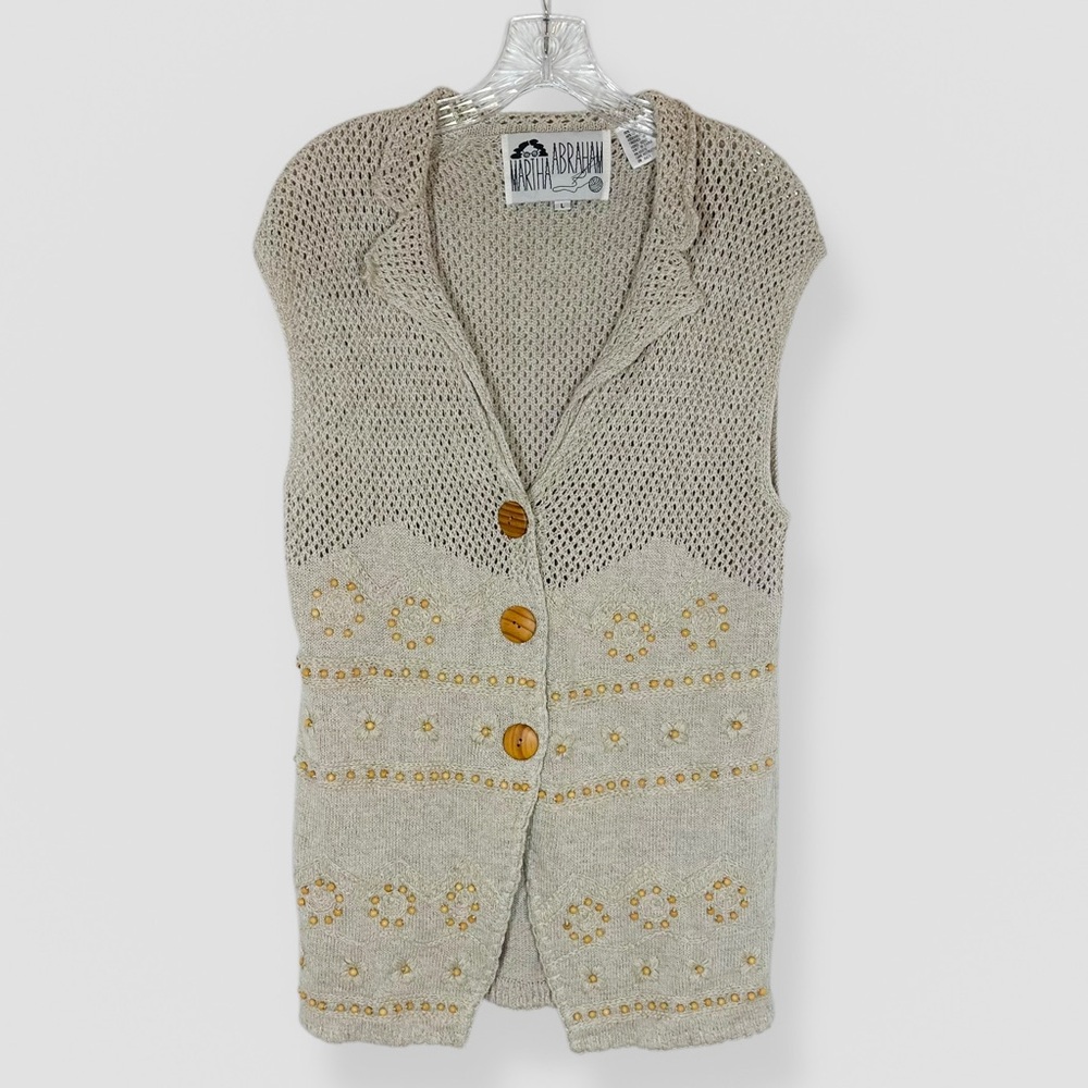 VTG Martha Abraham Crochet Vest Wooden Beads Size Large Tan Boho Western 90’s